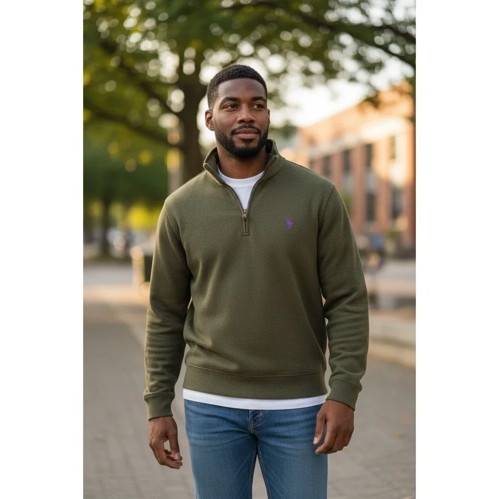 Polo Ralph Lauren Olive Green Cotton Quarter-Zip‎ Pullover Sweater Sz L classic